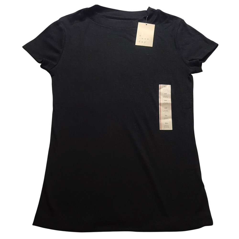 A New Day Black Ribbed Short Sleeve T-Shirt XS CrewNeck Slim Fit Tee Classic NWT